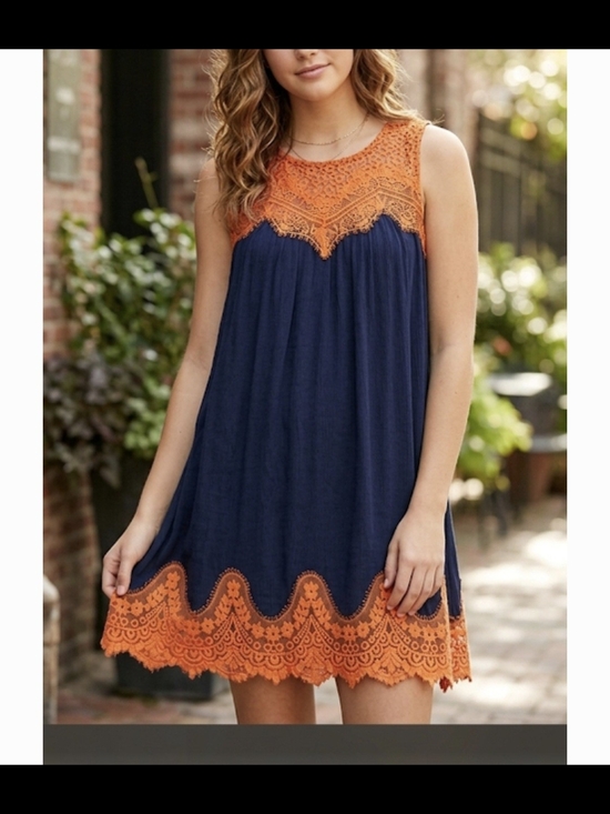 Umgee Dresses & Skirts - Umgee Navy and Orange Crochet Trim Mini Dress